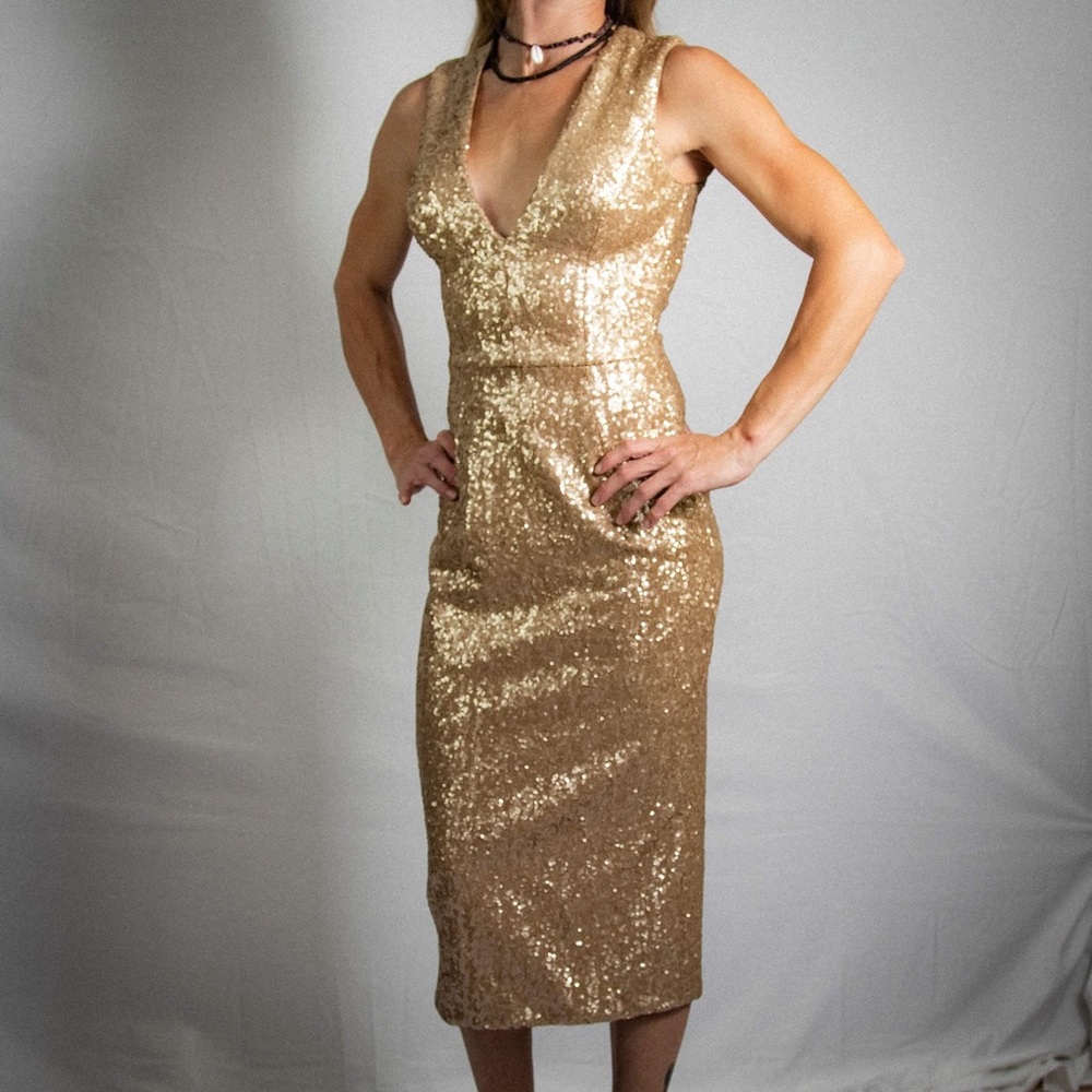 XS Gold Sequin Midi Cutout Party Dress